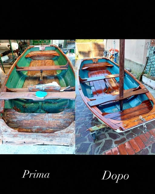La stessa barca in legno fotografata due volte: a sinistra prima del lavoro, con lo scafo consumato, a destra dopo, verniciata